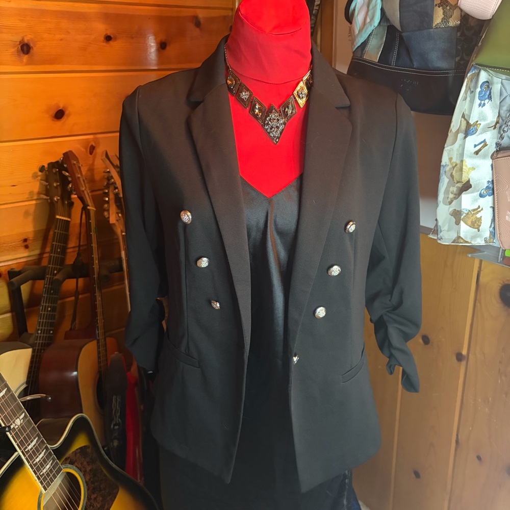 89th+Madison Womens Size M Black Open Front 3/4 Sleeve Knit Blazer Jacket